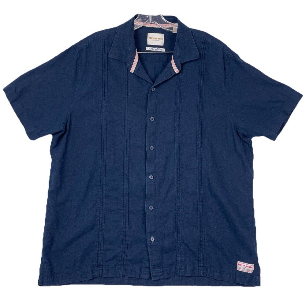 Scotch & Soda Men XL Button Up Shirt Linen Blend Navy Camp Collar Casual Coastal